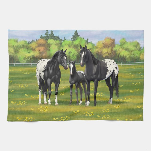 Black Appaloosa Horses In Summer Pasture Tea Towel (Horizontal)