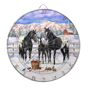 Black Appaloosa Horses On A Farm In Snow Dartboard