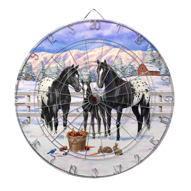 Black Appaloosa Horses On A Farm In Snow Dartboard (Front)