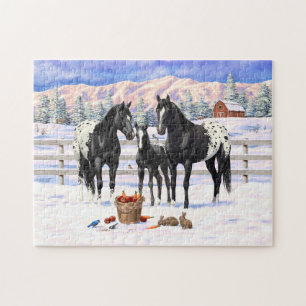 Black Appaloosa Horses On A Farm In Snow Jigsaw Puzzle