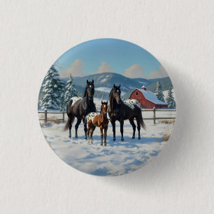 Black Appaloosa Horses on a Farm in Winter 3 Cm Round Badge