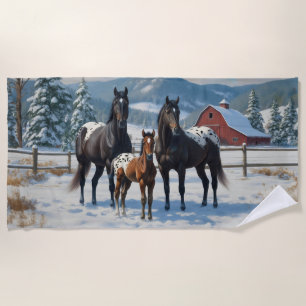 Black Appaloosa Horses on a Farm in Winter Beach Towel