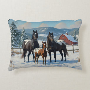Black Appaloosa Horses on a Farm in Winter Decorative Cushion