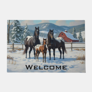 Black Appaloosa Horses on a Farm in Winter Doormat