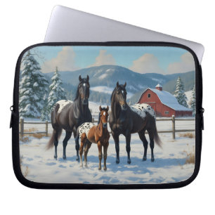 Black Appaloosa Horses on a Farm in Winter Laptop Sleeve