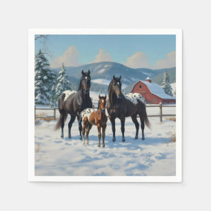 Black Appaloosa Horses on a Farm in Winter Napkin