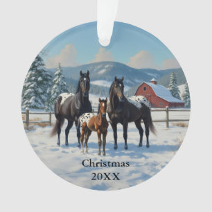 Black Appaloosa Horses on a Farm in Winter Ornament