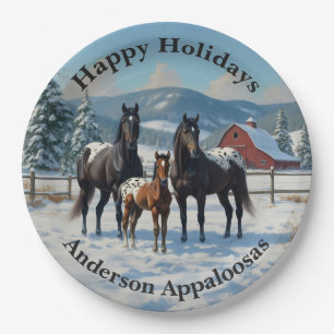 Black Appaloosa Horses on a Farm in Winter Paper Plate
