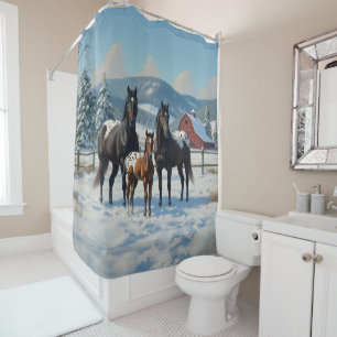Black Appaloosa Horses on a Farm in Winter Shower Curtain