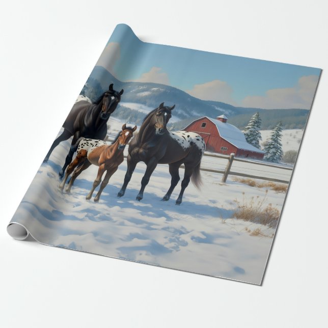 Black Appaloosa Horses on a Farm in Winter Wrapping Paper (Unrolled)