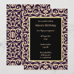 Black Apricot Abstract Print Gold birthday Invitation