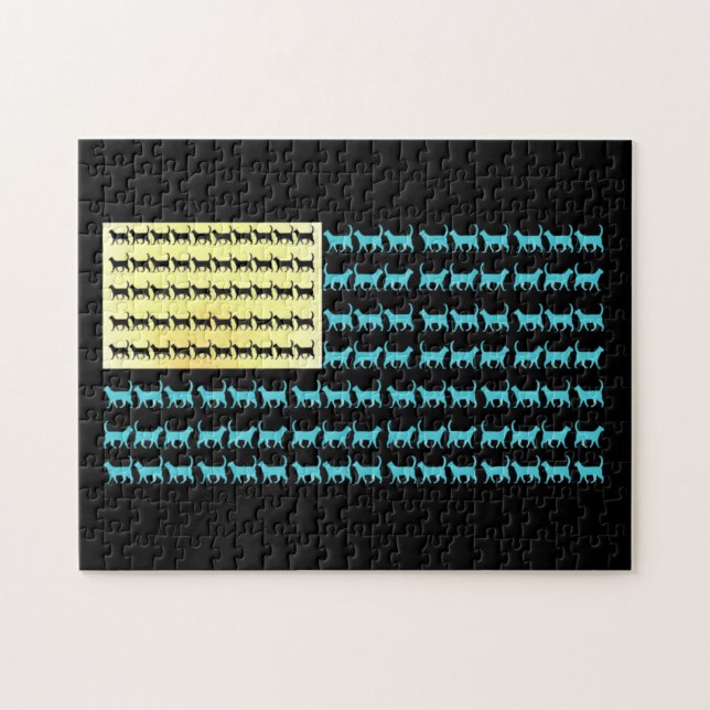 Black aqua and yellow USA cat flag 4th of July Jigsaw Puzzle (Horizontal)