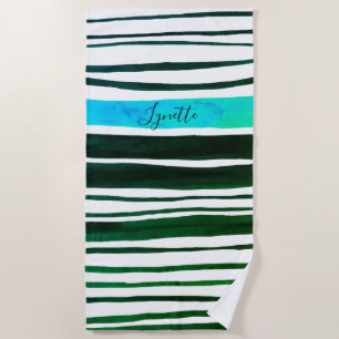 Black aqua, blue, green painted stripes  beach towel