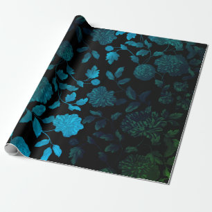 Black Aqua Blue Ombre Modern Vintage Floral Toile Wrapping Paper