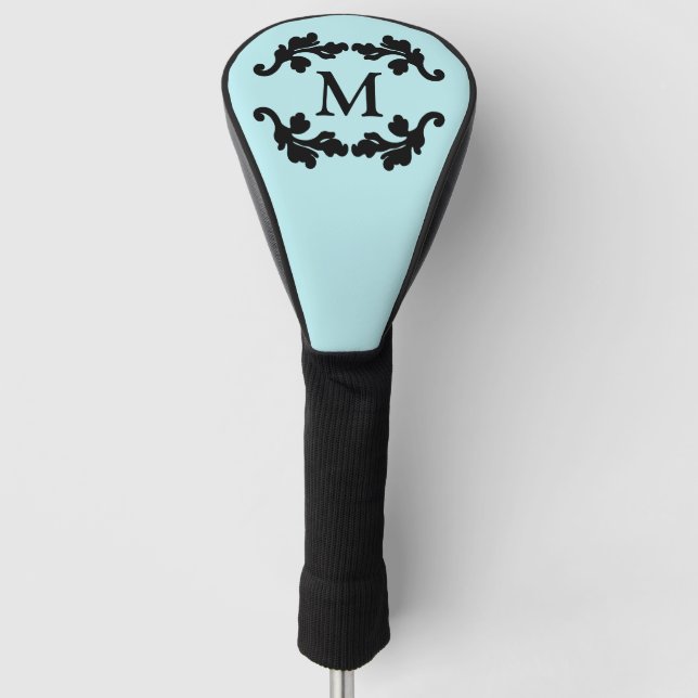 Black aqua monogram damask motif golf head cover (Front)
