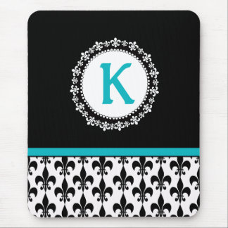Black Aqua Monogram Fleur de Lis Mousepad