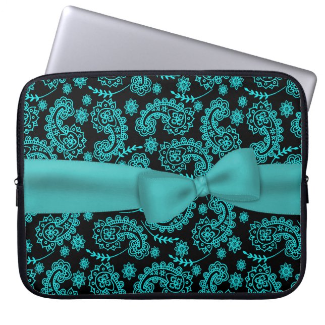 Black & Aqua Paisley Pattern Laptop Case (Front)