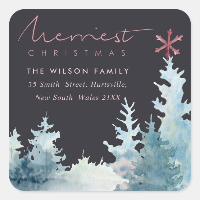 BLACK AQUA PINK FOREST STAR PINE CHRISTMAS ADDRESS SQUARE STICKER (Front)