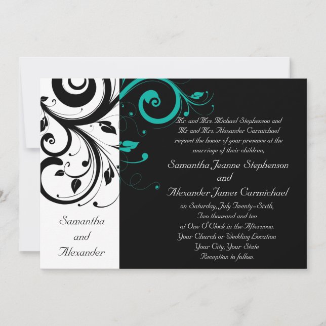 Black Aqua Swirl Wedding Traditional Invitation (Front)