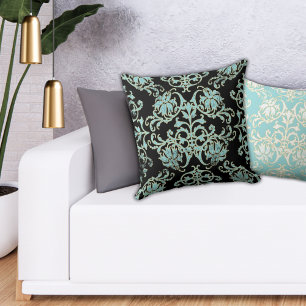 Black Aqua Teal  Gold Damask Pillow