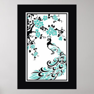 Black, aqua, white peacock and cherry blossoms poster