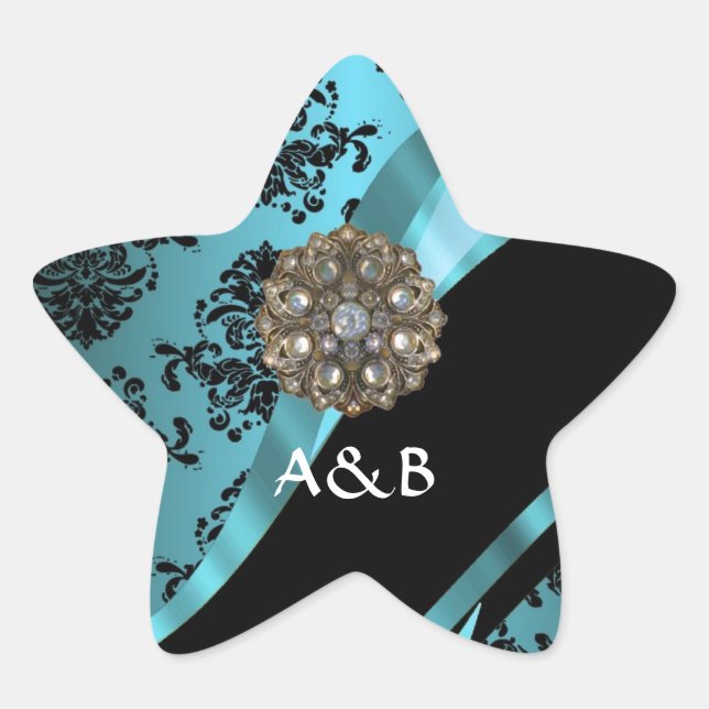 Black & aquamarine damask star sticker (Front)