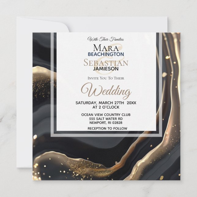 ~ Black AR66 RSVP Agate Marble QR Wedding Invitation (Front)