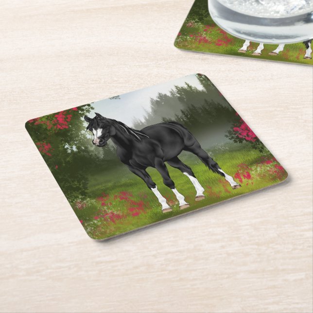 Black Arabian Horse Print Square Paper Coaster (Angled)
