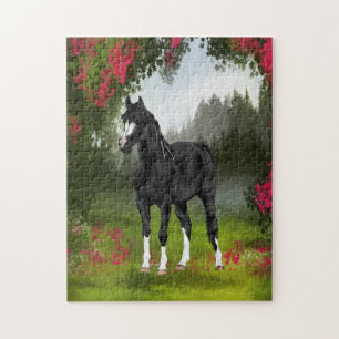 Black Arabian Horse Spring Meadow Equine Art Jigsaw Puzzle