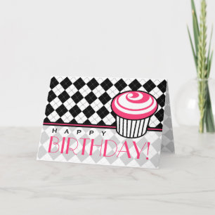 Black Argyle Birthday Card with Pink Cupcake