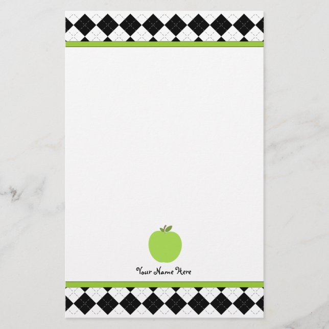 Black Argyle Green Apple Personalised Teacher Stationery (Front)