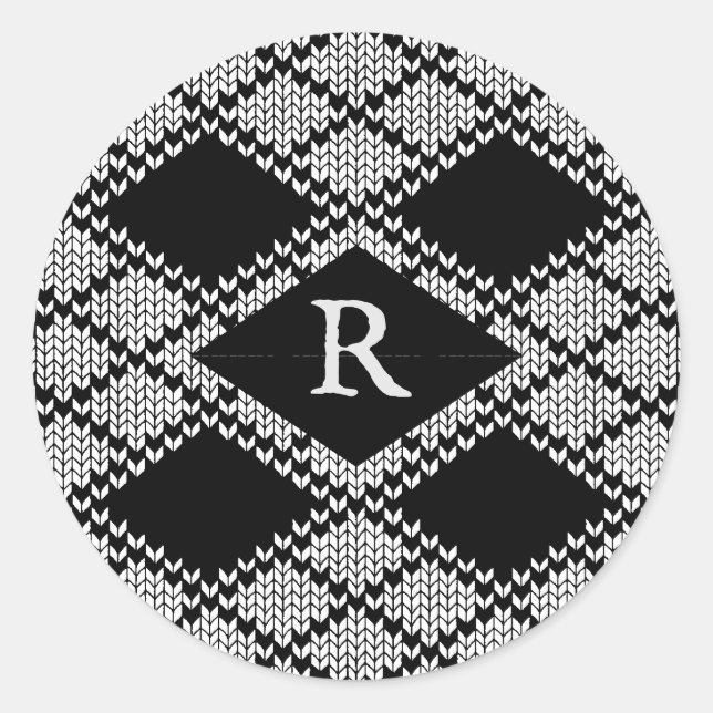 BLACK ARGYLE KNIT Small Round Stickers + Initial  (Front)