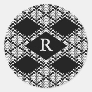 BLACK ARGYLE KNIT Small Round Stickers + Initial