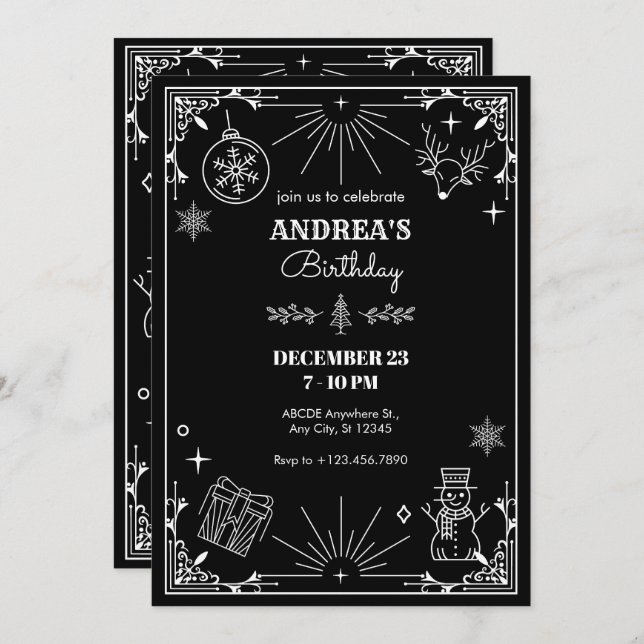 Black art deco christmas ornament invitation (Front/Back)