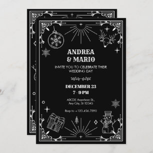 Black art deco christmas winter ornament wedding invitation