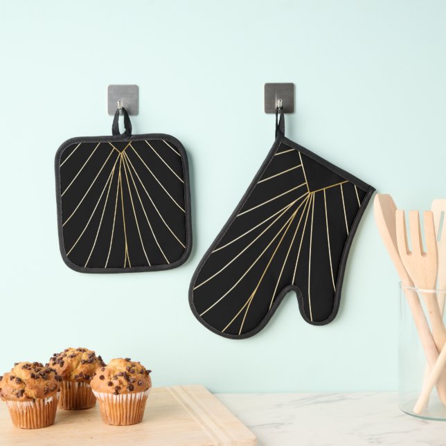Black Art Deco Design Oven Mitt & Pot Holder Set (Insitu(Hanging))