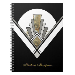 Black Art Deco Geometric Personalised Spiral Notebook
