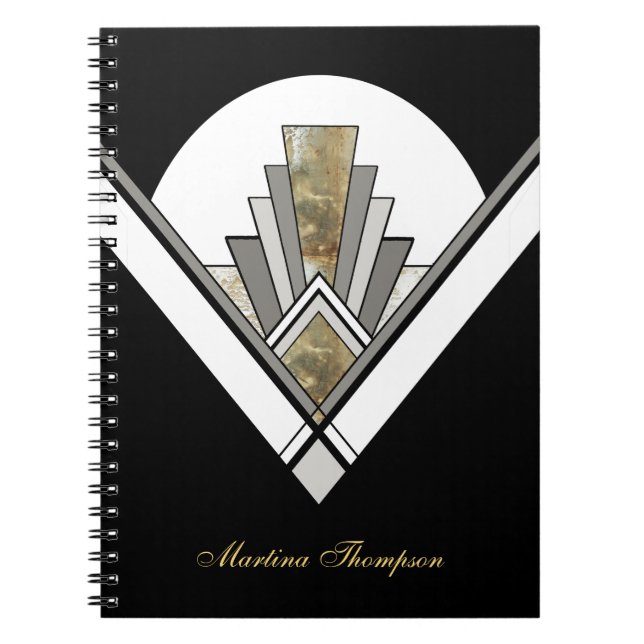 Black Art Deco Geometric Personalised Spiral Notebook (Front)