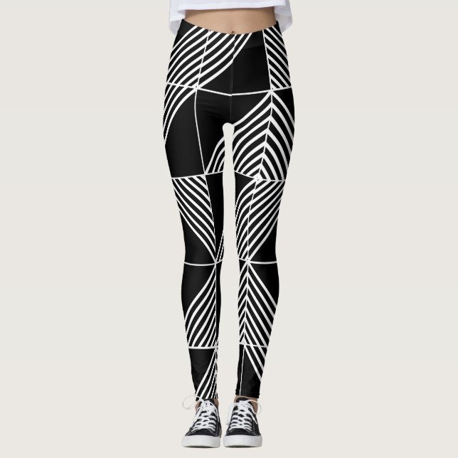 Black Art Deco Lines  Leggings (Front)