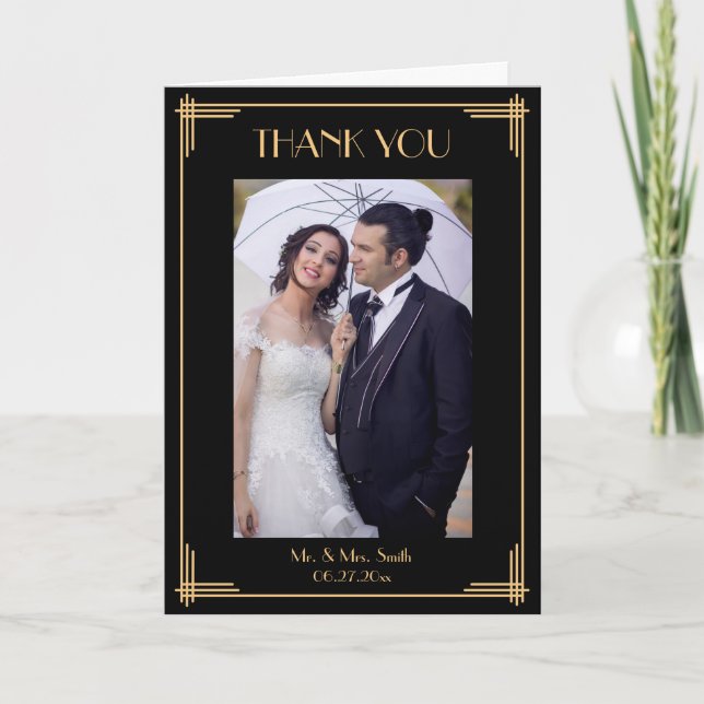 Black Art Deco Thank You Wedding Greeting Cards (Front)