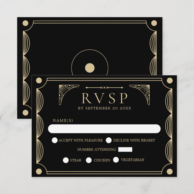 Black Art Deco Wedding RSVP  Card (Front/Back)