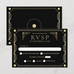 Black Art Deco Wedding RSVP  Card