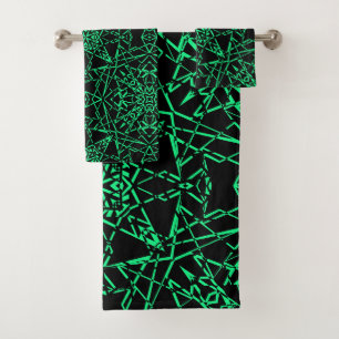 Black asbtract modern spider net lines neon green bath towel set