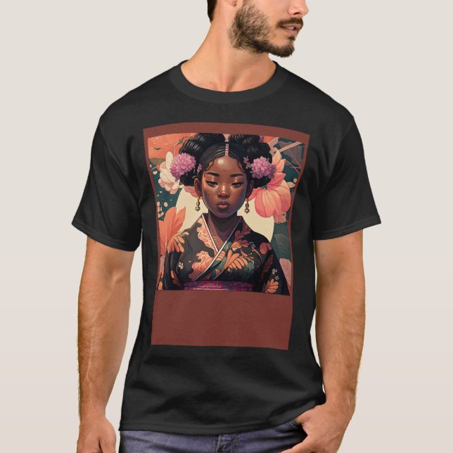 Black Asian woman wearing a kimono Afro Asian T-Shirt (Front)