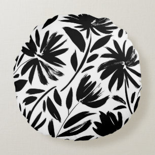 Black aster: vintage chrysanthemum pattern round cushion