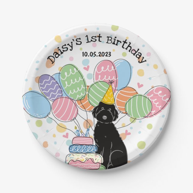 Black Aussiedoodle Birthday Party Paper Plates (Front)