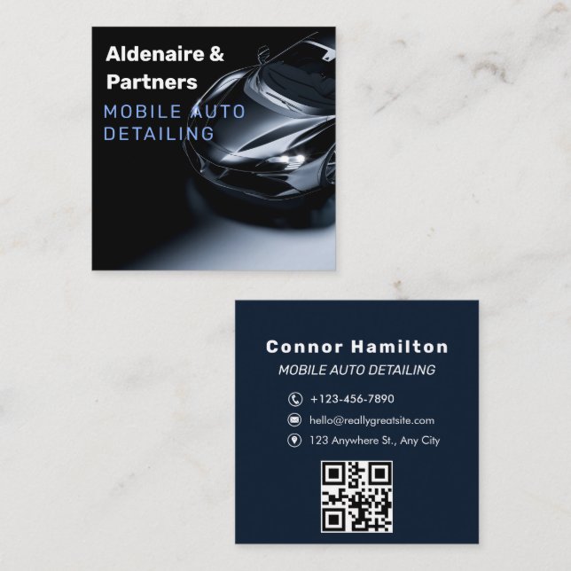 Black Auto Detailing, Auto Repair Black qr code Square Business Card (Front/Back)