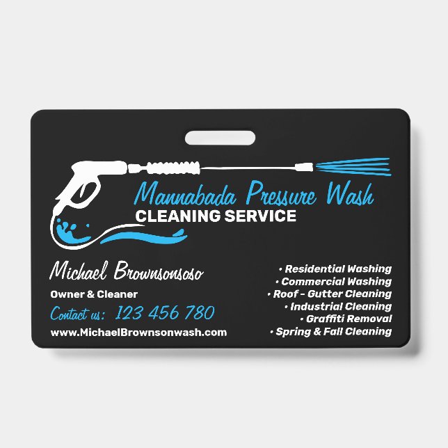Black Auto Pressure Washing Power Wash CLEANING ID Badge (Front)