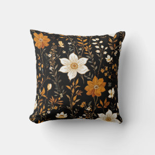 Black Autumn Boho Vintage Gold Floral Pattern Cushion