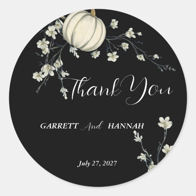 Black Autumn Pumpkin Wedding Classic Round Sticker (Front)